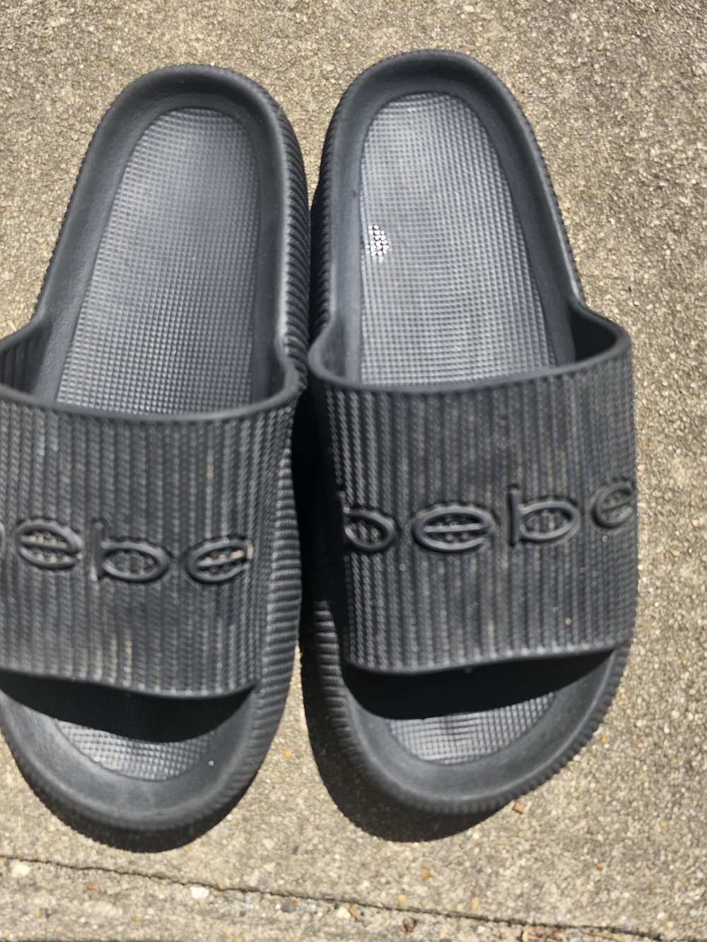 bebe Black Ribbed Slide Sandals